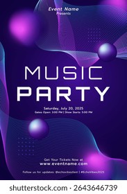 A modern and vibrant EDM party poster with a futuristic neon purple aesthetic. Features dynamic wave lines, glowing spheres, and techno-inspired typography for a high-energy music event.