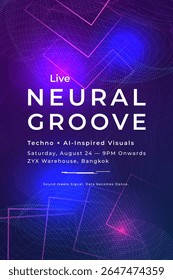 Um cartaz de festa EDM moderno e vibrante com uma estética futurista de neon roxo. Apresenta linhas de ondas dinâmicas, esferas brilhantes e tipografia inspirada em tecno para um evento musical de alta energia.