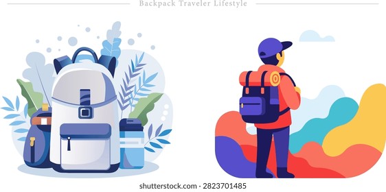 A modern, vibrant flat illustration featuring backpack traveler lifestyle concepts. The asset showcases two distinct scenes: on the left, a detailed rucksack packed with travel gear, a water bottle, and tropical foliage background elements; on the right, a lone hiker wearing a cap and jacket carrying a sleeping pad and heavy backpack while looking out toward abstract scenic mountain landscapes. Rendered in a clean, colorful vector aesthetic with soft gradients and bold shapes on a white background, this design is ideal for travel blogs, outdoor adventure websites, hiking app banners, tourism posters, expedition booking platforms, and wanderlust lifestyle branding.
