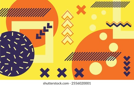 Modern, vibrant geometric abstract background featuring dynamic circles, squares, and crosses in orange, yellow, and purple, creating a visually appealing composition