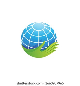 Modern Vibrant Globe Earth Planet and Hand Logo Design 