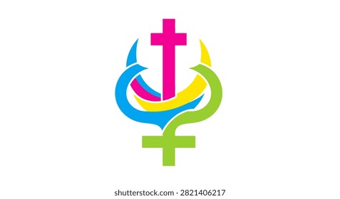 A modern vibrant graphic illustration combining religious and gender identity symbols with colorful curved elements on a white background