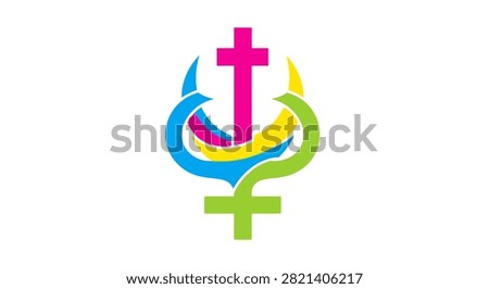 A modern vibrant graphic illustration combining religious and gender identity symbols with colorful curved elements on a white background