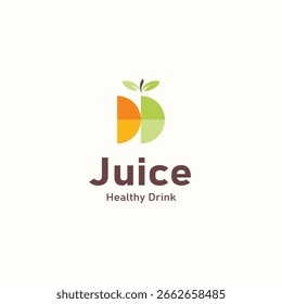 Logotipo de jugo moderno y vibrante con rebanadas de frutas abstractas y hojas verdes que forman una forma creativa de "DD". Ideal para marcas de bebidas orgánicas, bares de jugos, tiendas de batidos o productos de bebidas saludables. C