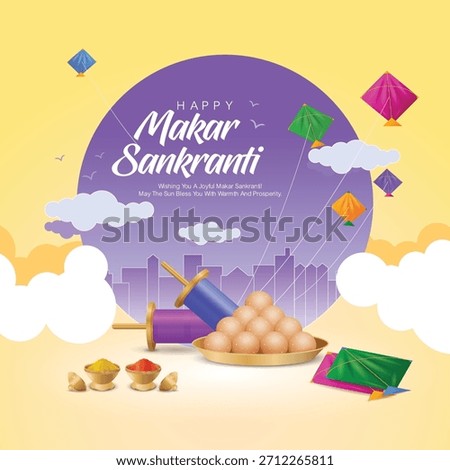 A modern and vibrant Makar Sankranti vector artwork featuring a purple circular sky backdrop, colorful kites, festive sweets, manja spools, clouds, and a city skyline. Ideal for festival promotions.