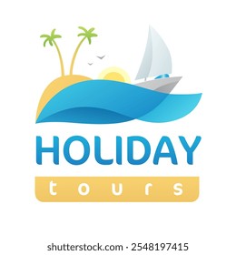 Modern and vibrant travel agency logo featuring a tropical island with palm trees, waves, a sailboat, and a glowing sun. Perfect for travel companies, holiday planners and tourism agencies branding.