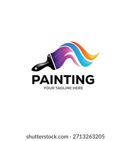 Una ilustración de logotipo de Vector moderno y vibrante con un pincel que deja un rastro dinámico de pintura de color arcoíris. El diseño utiliza Gradientes lisos en rosa, azul, naranja y verde para crear una sensación de movimiento y creatividad.