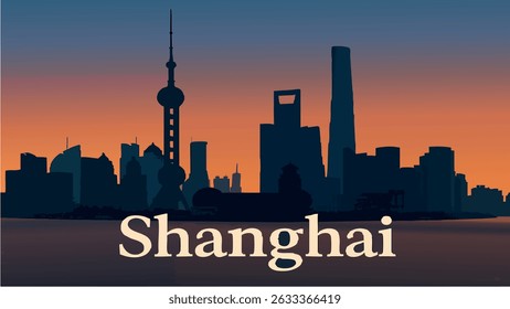 A modern and vibrant view of Shanghai’s Pudong district skyline at dusk, with the futuristic skyscrapers glowing under the twilight sky