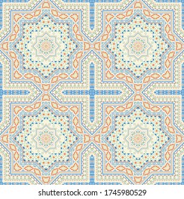 Modern victorian majolica tile seamless rapport. Geometric texture vector elements. Coverlid print design. Stylized spanish mayolica tilework perpetual pattern. Line art graphic background.