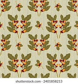 Modern Victorian Oak Leaves Branches and Acorns Seamless Vector Pattern, for Wallpaper, Prints, Home Textile, Packaging, Stationery