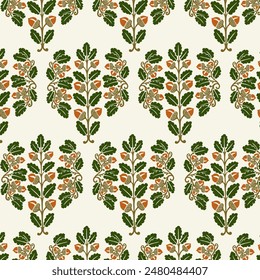 Modern Victorian Oak Leaves Branches and Acorns Seamless Vector Pattern, for Wallpaper, Prints, Home Textile, Packaging, Stationery