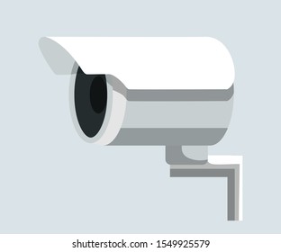 Modern video camera flat vector illustration. Camcorder appliance, monitoring device, professional equipment. Office, home, property defence. Webcam viewing area. Safety, security concept