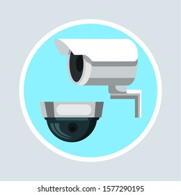 Modern video camera flat vector illustration. Camcorder appliance, monitoring device, professional equipment. Office, home, property defence. Webcam viewing area. Safety, security concept