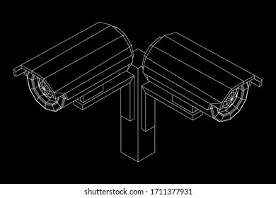 Modern video camera. Webcam viewing area. Safety, security concept. Wireframe low poly mesh vector illustration.