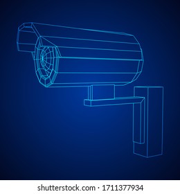 Modern video camera. Webcam viewing area. Safety, security concept. Wireframe low poly mesh vector illustration.