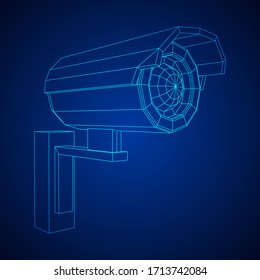 Modern video camera. Webcam viewing area. Safety, security concept. Wireframe low poly mesh vector illustration.