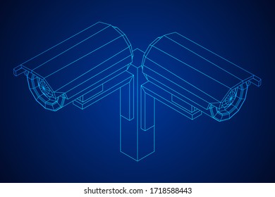 Modern video camera. Webcam viewing area. Safety, security concept. Wireframe low poly mesh vector illustration.