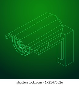 Modern video camera. Webcam viewing area. Safety, security concept. Wireframe low poly mesh vector illustration.