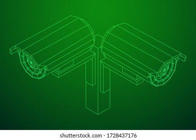 Modern video camera. Webcam viewing area. Safety, security concept. Wireframe low poly mesh vector illustration.