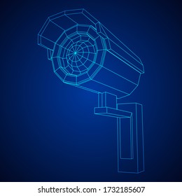 Modern video camera. Webcam viewing area. Safety, security concept. Wireframe low poly mesh vector illustration.