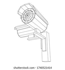 Modern video camera. Webcam viewing area. Safety, security concept. Wireframe low poly mesh vector illustration.