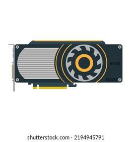 Modern video card for gaming and mining. Yellow on black colors, big radiator and big fan. PC video card vector illustration. Side view of powerful PC video card.