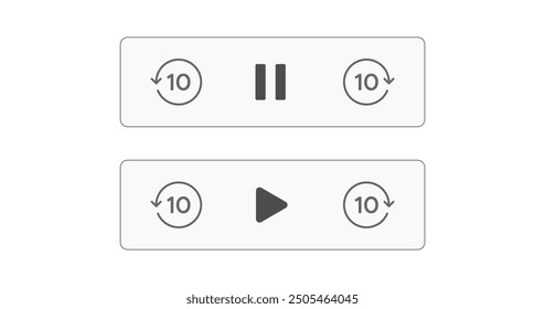 Modern Video Player Control Bar Vector Graphic, Featuring Play and Pause Buttons, 10-second Forward and Backward Icons, and a Sleek Minimalist Design, Perfect for Web, Mobile, and Digital Media