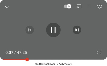 Modern video player interface thumbnail mockup. Play pause controls streaming UI design media app screen. Playback timeline icons digital content platform template for web, mobile apps user experience