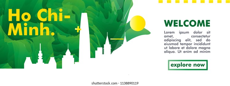 Modern Vietnam Ho Chi Minh skyline abstract gradient website banner art. Travel guide cover city vector illustration