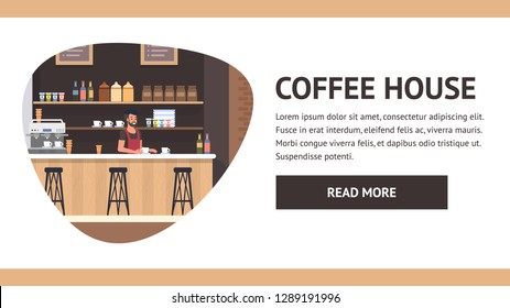 Modern View Coffee House Illustration. Barista Guy Entrepreneur at Counter make Hot Beverage with Steam Milk. Indoor Bakery with Espresso Machine. Morning at Cafeteria with Dark Latte.