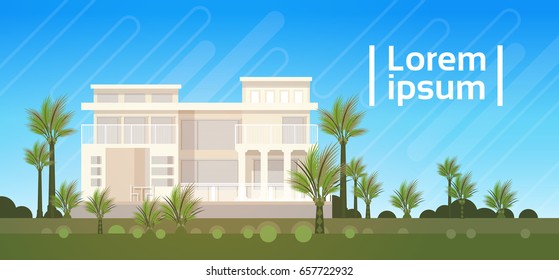 Modern Villa House Building Exterior Real Estate Banner With Copy Space Flat Vector Illustration