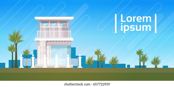 Modern Villa House Building Exterior Real Estate Banner With Copy Space Flat Vector Illustration