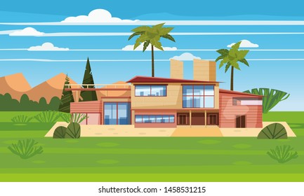 Modern villa on residence in exotic country, expensive mansion in lahdscape tropics palm trees. Luxury cottage house exterior. Cartoon vector illustration