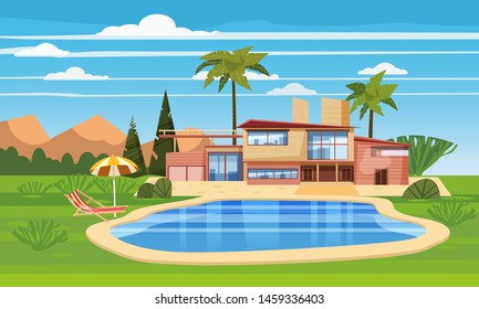 Modern Villa On Residence In Exotic Country, Expensive Mansion In Lahdscape Tropics Palm Trees. Luxury Cottage House Exterior Blue Swimming Pool Chaise Lounge Beach Umbrella. Cartoon Vector