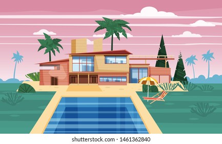 Modern villa on residence in exotic country, expensive mansion in lahdscape tropics palm trees. Luxury cottage house exterior blue swimming pool chaise lounge beach umbrella. Cartoon vector