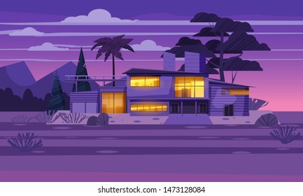 Modern villa on residence in exotic country night, expensive mansion in lahdscape tropics palm trees. Luxury cottage house exterior. Cartoon vector illustration