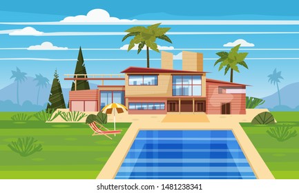 Modern villa on residence in exotic country, expensive mansion in lahdscape tropics palm trees. Luxury cottage house exterior blue swimming pool chaise lounge beach umbrella. Cartoon vector