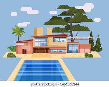 Modern villa on residence, expensive mansion palm trees. Luxury cottage house exterior blue swimming pool. Cartoon vector illustration