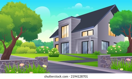 Modern village house with beautiful green yard, street and trees. real estate, architecture, advertising Concept Vector Illustrations 