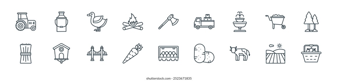 modern village icon pack. perfect for linear ui designs featuring vector basket, field, cow, potatoes, egg carton, carrots, bridge and more icons for mobile and web apps.