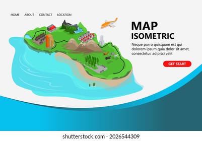 Modern village map illustration, trees, mountains, houses, buildings, roads, perfect for landing pages, headers, flyers, banners, infographics and other graphic assets in an isometric vector style