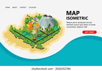 Modern village map illustration, trees, house, buildings, mountain, road, lake. suitable for landing pages, headers, flyers, banners, infographics and other graphic assets in an isometric vector style