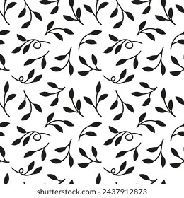 Modern vine leaves black and white lace seamless pattern. Abstract wave background for design of coloring book, fabric, scrapbook, simple motif for wallpaper.