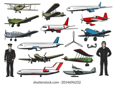 Modern And Vintage Aircraft Set. Civil And Military Aviation Pilot Character. Airline Passenger Airliners, Army Retro Biplane Fighter Or Bomber And Flotaplane With Slender, Aviators In Uniform Vector