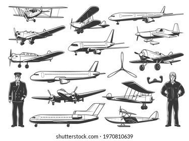 Modern and vintage airplanes, civil and military pilot characters. Passenger airliner, business jet and training aircraft, army retro propeller monoplane and biplane fighter, plane control yoke vector