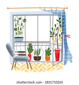 Modern vintage balcony interior design background. Room at home for growing plants, vegetables and fruit. Produce of lemons and cucumbers. Empty cosy area vector illustration.