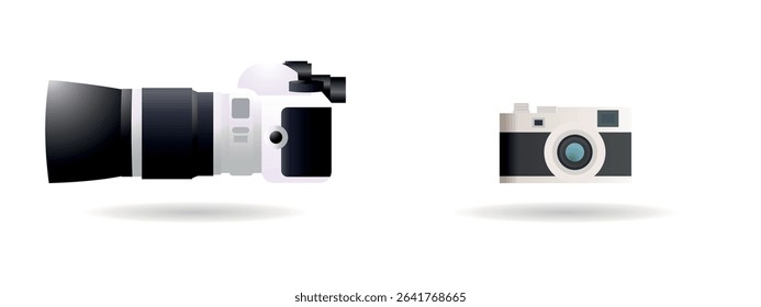 Modern and vintage cameras floating against a white background illustrate the evolution of photography, highlighting its significance as both a profession and a cherished hobby
