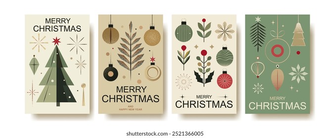 Moderno juego de tarjetas de Navidad de Antiguas: elegantes Ilustraciones vectoriales con adornos, tipografía festiva y decoración Festiva en estilo retro. Perfecto para tarjetas de felicitación de temporada, invitaciones y decoración