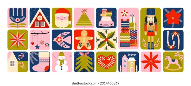 Modern vintage Christmas. New year retro fairy tale. Nutcracker. Scandinavian winter holidays. Christmas tree, Santa, balls, flowers, houses, gifts, snowflakes. Playful stickers, tags, tiles, mosaic. 