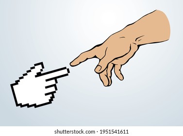 Modern vintage dot male god pixel arm cursor help click point work data idea e pc sketch line vector art style. Social media electron net religion life link render industry corporate evolution reality